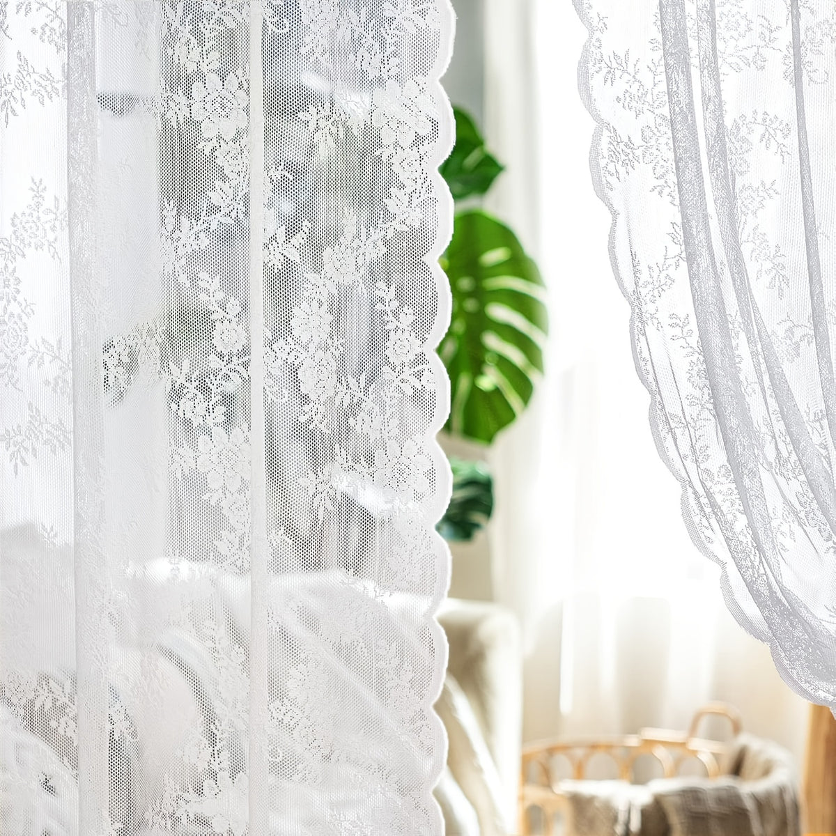 Vintage Floral Lace Sheer Curtains 2 Panels - Yarn-Dyed Dotted Netting Rustic Pastoral Semi-Sheer, 59" Wide Light Filtering Machine Washable for Living Room Kitchen Door Outdoor Wedding, White Green Black