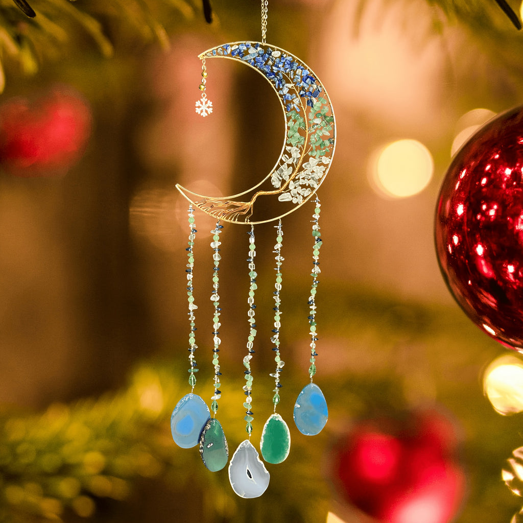 Handmade Moon Agate Tree Hanging Ornament – Boho Suncatcher Crystal Wall Decor | Birthday, Christmas & Holiday Gift for Mom, Friends & Her