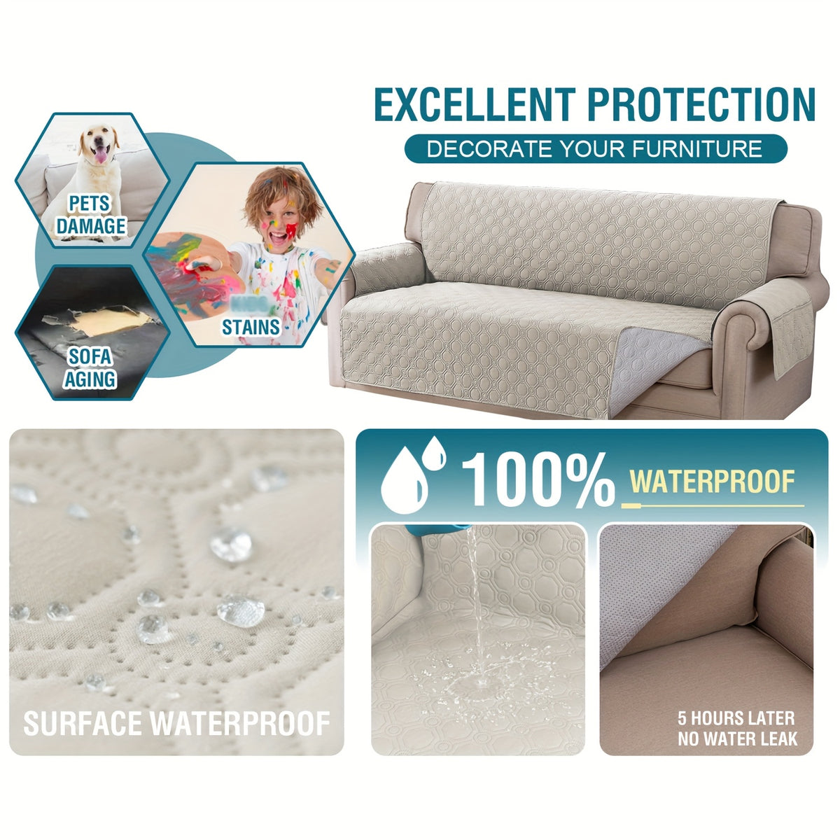 Liquid-Resistant Sofa Cover with Pocket, Geometric Pattern Couch Slipcover Furniture Protector for Pets, Washable Thick Soft 1 2 3 4 Seat Sizes Chair Loveseat Sofa