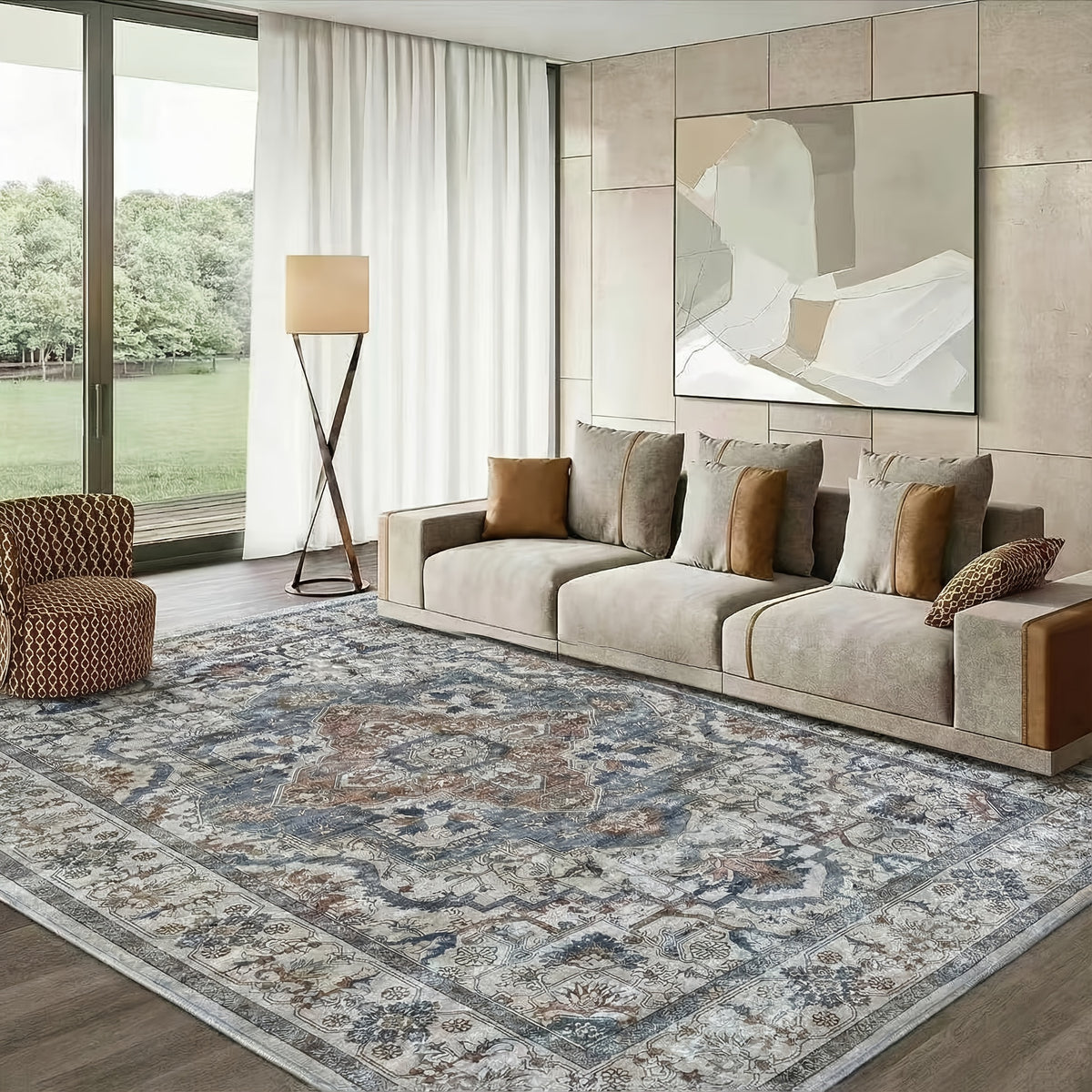 Vintage Persian Area Rug Bohemian Machine Washable Thick Pile Non-Shedding Polypropylene – Living Room Bedroom Office Boho Carpet, Multiple Sizes