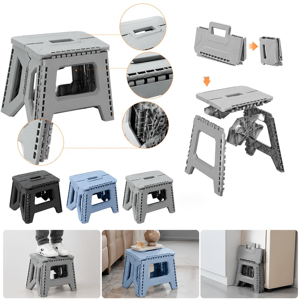 Heavy-Duty Portable Folding Stool 330 LBS Capacity – Compact Square Plastic Step Stool for Camping, Fishing, Picnic, Indoor & Outdoor Use (Black, Grey, Blue)