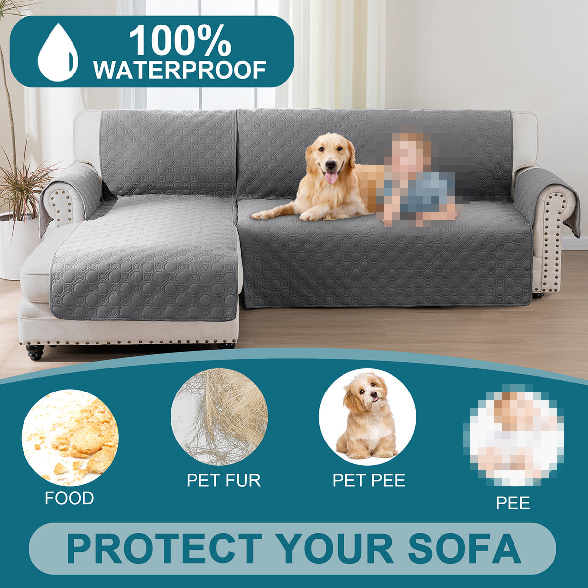 L-Shaped Sectional Sofa Cover 100% Liquid-Resistant Couch Slipcover with Non-Slip Straps for Dogs Cats Pets Left Right Chaise