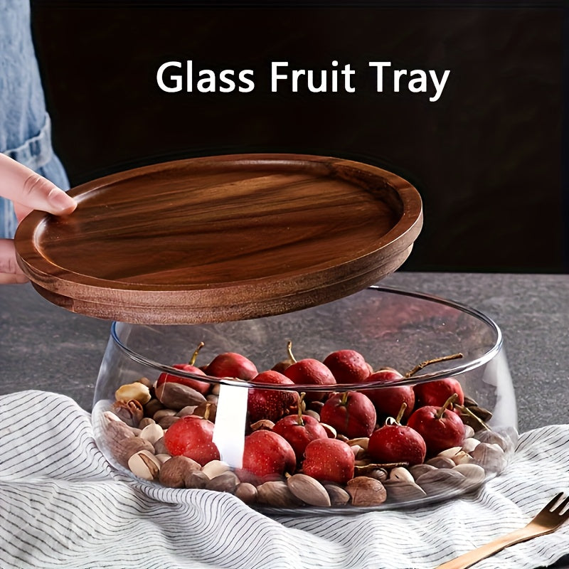 Glass Fruit Bowl with Wooden Lid - Stylish Serving Bowl for Nuts, Sweets, Candy & Cereals, Decorative Kitchen Organizer for Halloween, Christmas, Thanksgiving & Hanukkah, Available in Small, Large & Set