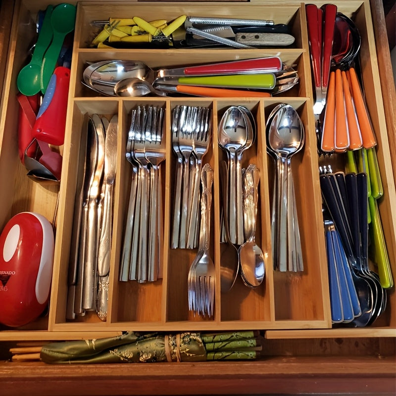 Bamboo Expandable Kitchen Drawer Organizer – 9-Compartment Adjustable Utensil Tray for Silverware, Forks, Spoons & Knives