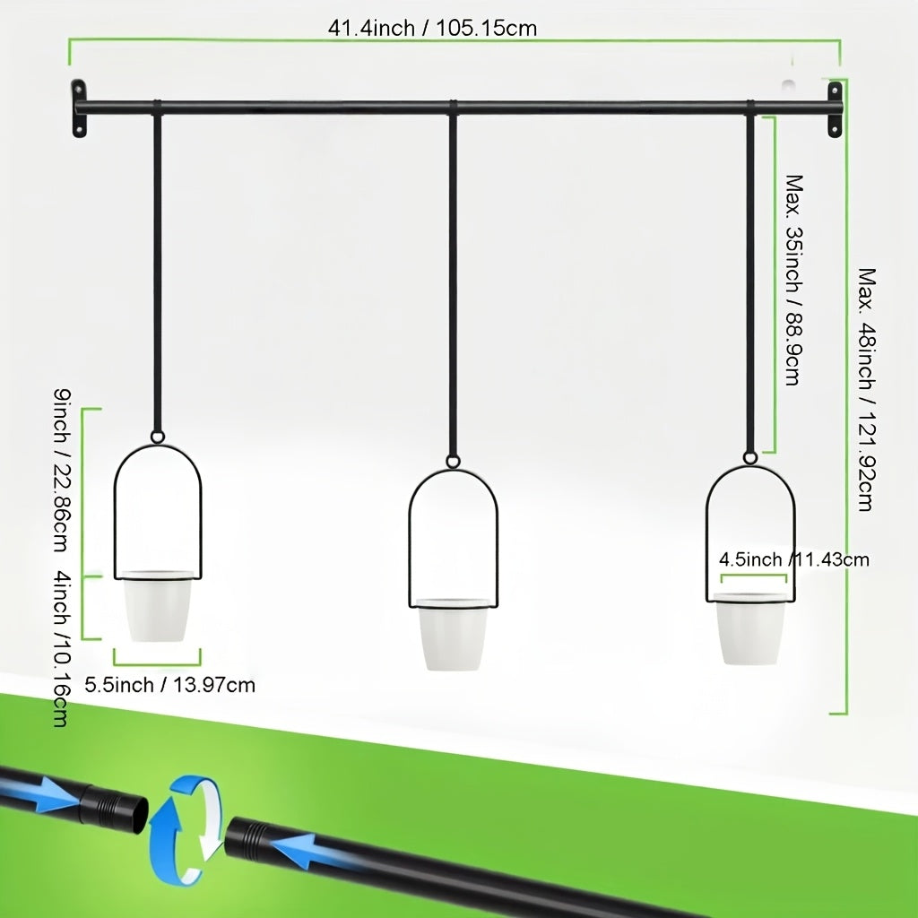 Vertical Planter Set with Adjustable Metal Rod, Iron Rings & Hanging Flower Pots for Window Sill & Balcony, Mini Vertical Garden Kit for Indoor Outdoor Plants, Space-Saving Patio Planter