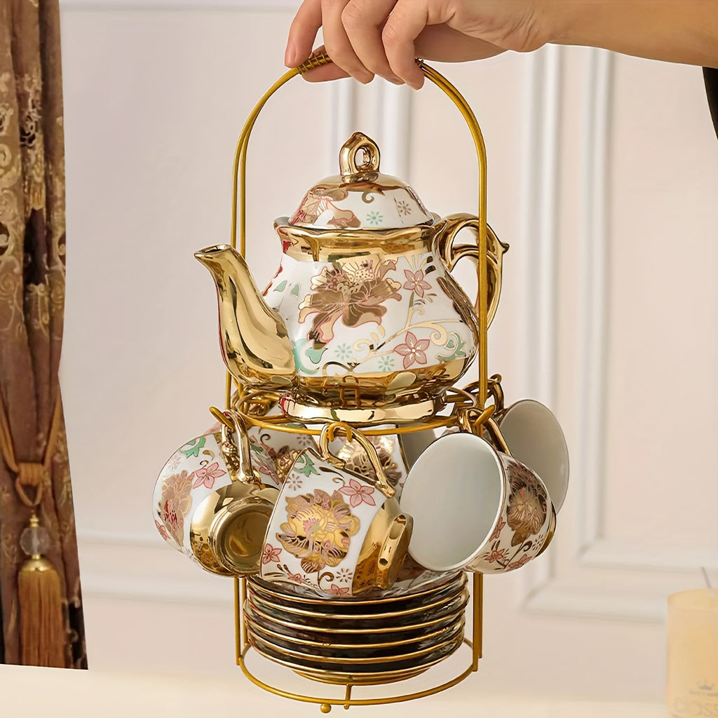 20-Piece Floral Porcelain Tea Set with Metal Holder & Teapot - European Ceramic Espresso Cup and Saucer Set, 3.3oz Cups 15oz Teapot, Afternoon Tea Gift for Golden Pink Purple Flower