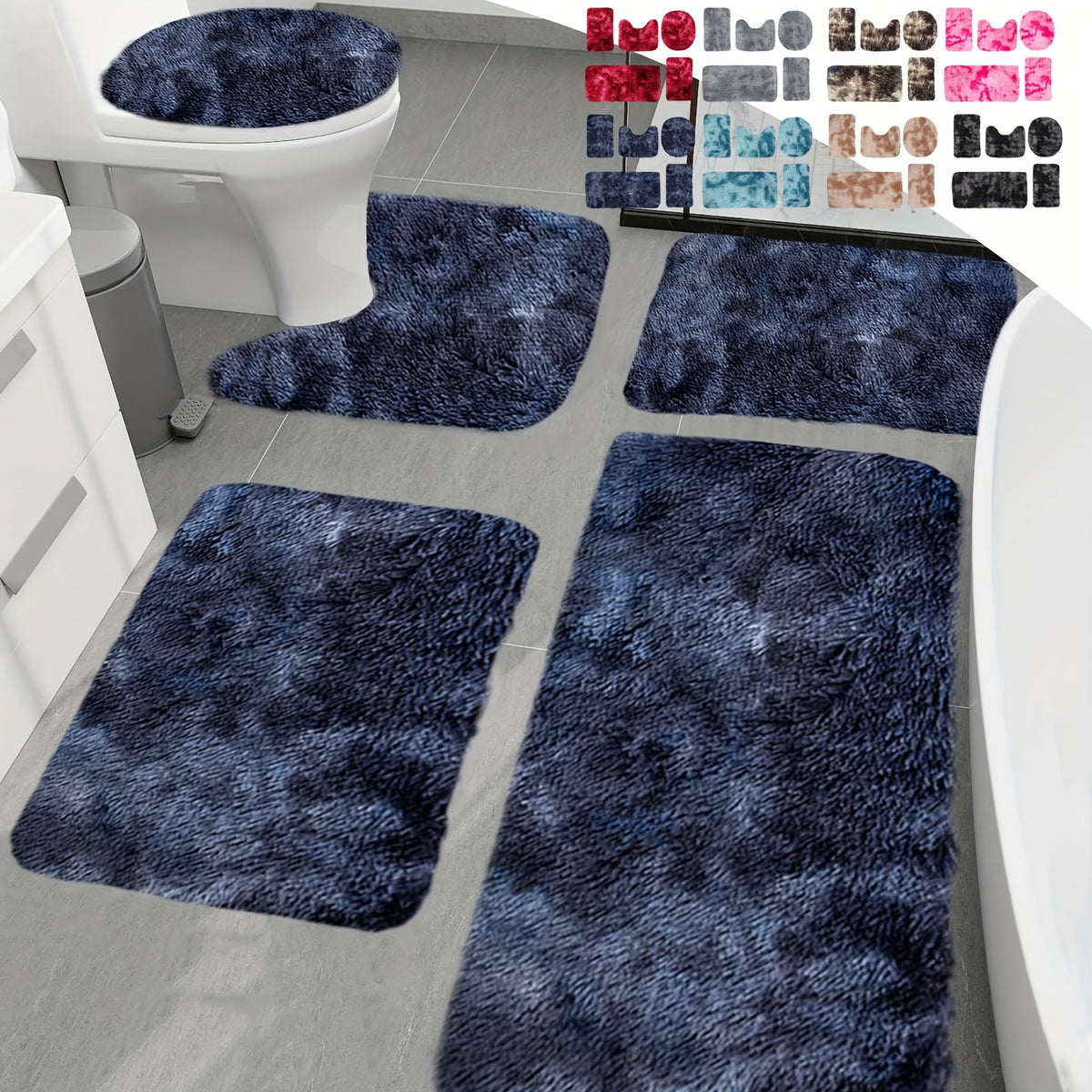 Plush Bath Rugs Set 1-6 Pieces, Multi-Color Microfiber Non-Slip Bathroom Mats – Soft Water Absorbent Thick Machine Washable Toilet Mats for Bathroom, Tub & Shower