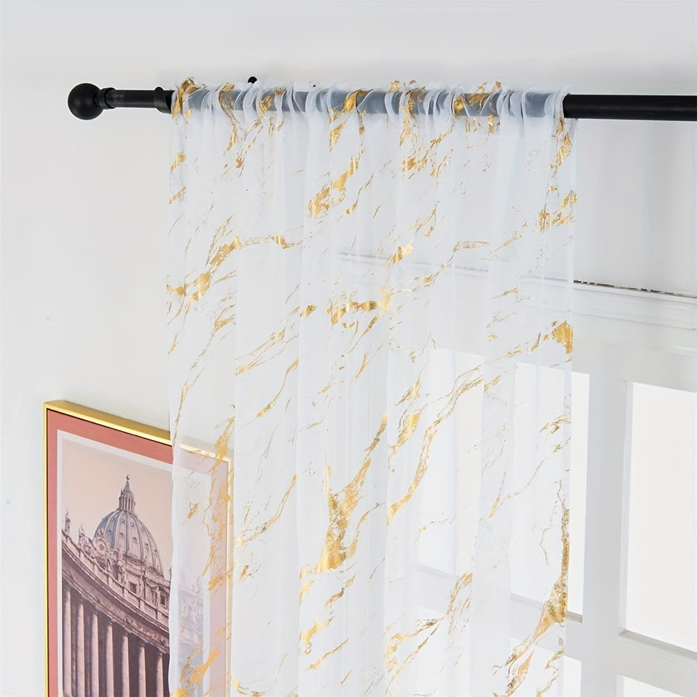 Marble Pattern Sheer Curtains Set of 2, Gold Silver Metallic Foil Semi-Sheer Rod Pocket Panels for Living Room Bedroom, 4 Sizes Available