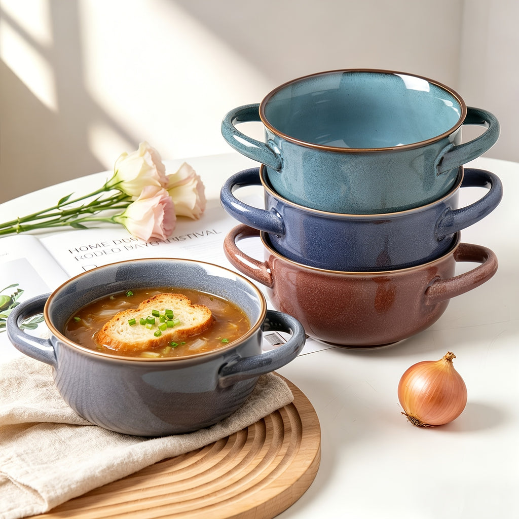 Colorful Ceramic Double-Handled Bowl Set Dopamine Style 28oz Extra-Large – Microwave & Dishwasher Safe for Soup, Salad, Pasta & Ramen – 2 or 4 Piece, Assorted Colors