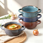 Colorful Ceramic Double-Handled Bowl Set Dopamine Style 28oz Extra-Large – Microwave & Dishwasher Safe for Soup, Salad, Pasta & Ramen – 2 or 4 Piece, Assorted Colors