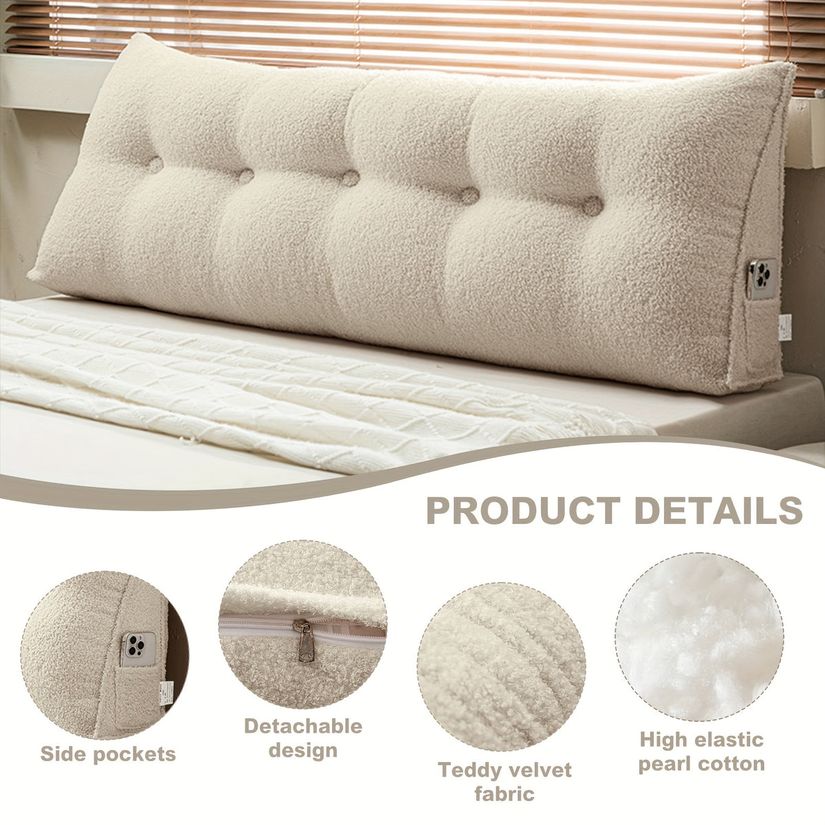 Wedge Headboard Pillow with Side Pocket Triangular Bed Reading Backrest Bolster, Teddy Velvet Removable Washable Cover Bed Gap Filler for Twin Queen King, 7 Colors