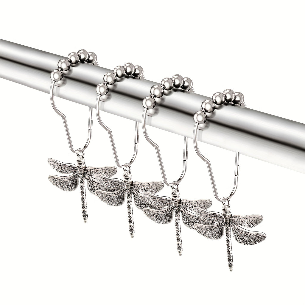 Dragonfly Shower Curtain Hooks Set of 12 – Decorative Metal Anti-Rust Spring Insect Theme Ball Sliding Easy Install Bathroom Rings, Silver or Black