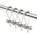 Dragonfly Shower Curtain Hooks Set of 12 – Decorative Metal Anti-Rust Spring Insect Theme Ball Sliding Easy Install Bathroom Rings, Silver or Black