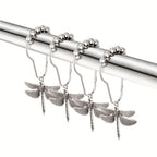 Dragonfly Shower Curtain Hooks Set of 12 – Decorative Metal Anti-Rust Spring Insect Theme Ball Sliding Easy Install Bathroom Rings, Silver or Black