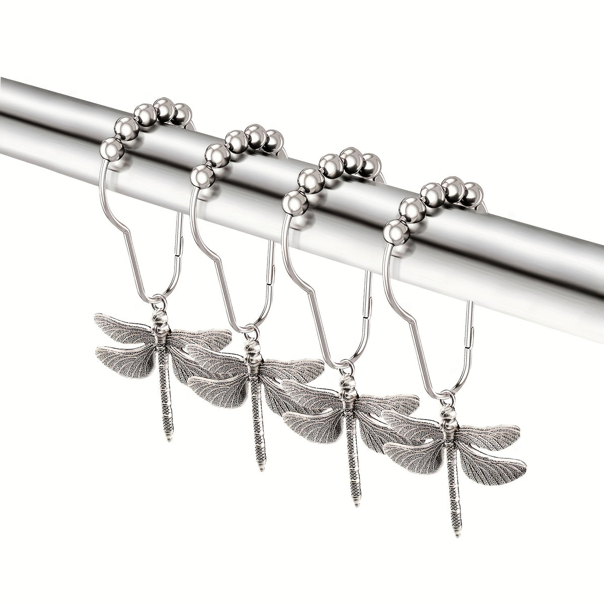 Dragonfly Shower Curtain Hooks Set of 12 – Decorative Metal Anti-Rust Spring Insect Theme Ball Sliding Easy Install Bathroom Rings, Silver or Black
