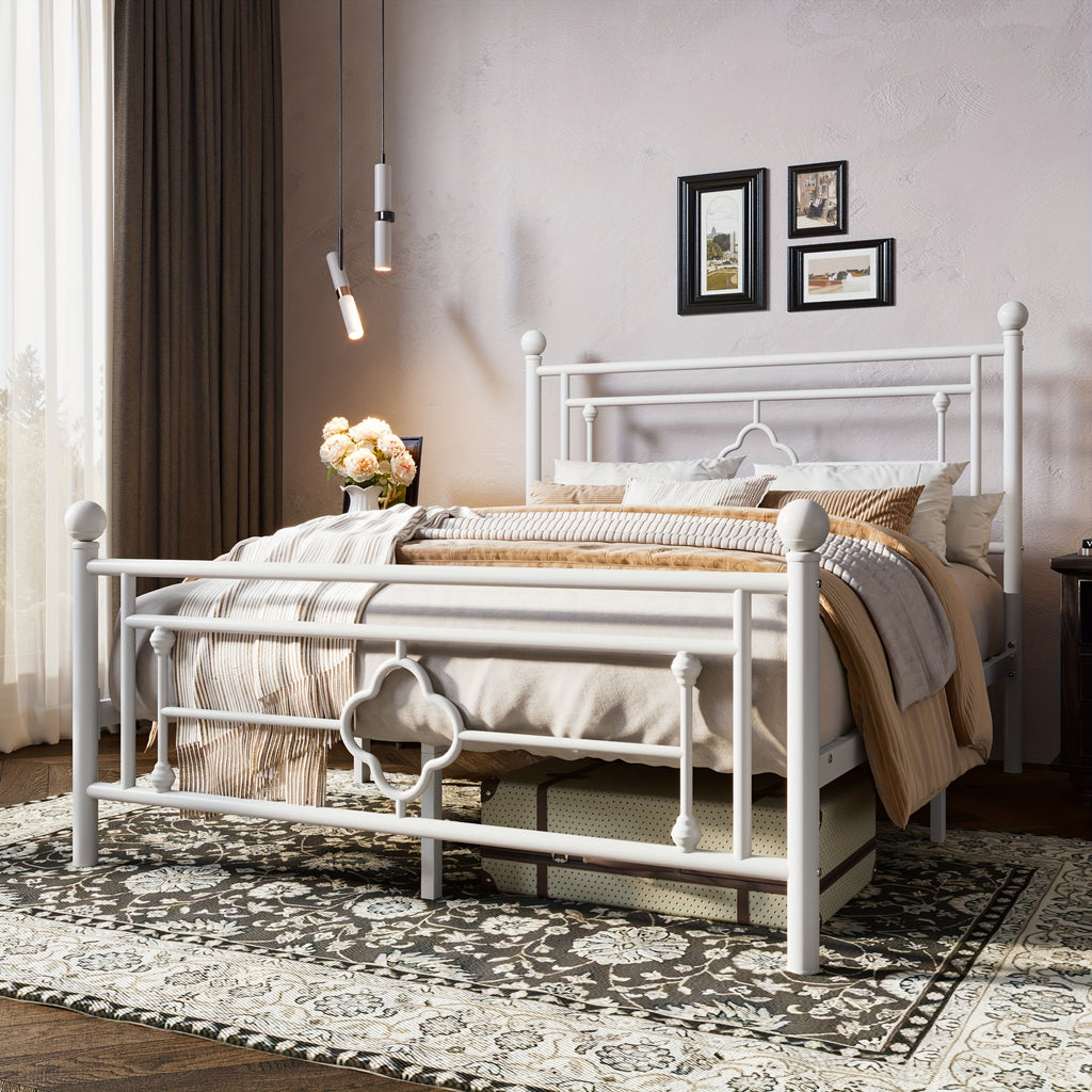 Metal Platform Bed Frame with Vintage Iron Art Headboard Footboard No Box Spring Needed Under Bed Storage Twin Full Queen King Black White Pink Gold