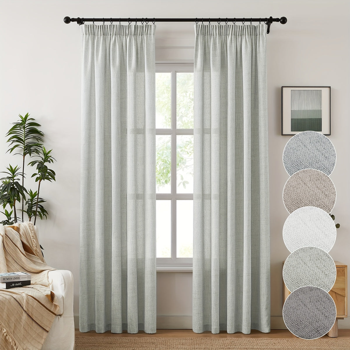 Burlap Textured Semi-Sheer Curtains Rod Pocket 2-Panel Set | Light Filtering Farmhouse Drapes for Living Room Bedroom Bathroom, W52" × H84"/96"/108", Light Grey Natural White