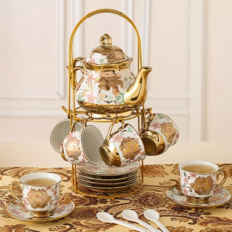20 Piece Ceramic Tea Set Floral Design – European Afternoon Tea Service with Teapot, Cups, Saucers & Metal Stand – Blooming Style, Gift for Tea Lovers