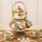 20 Piece Ceramic Tea Set Floral Design – European Afternoon Tea Service with Teapot, Cups, Saucers & Metal Stand – Blooming Style, Gift for Tea Lovers