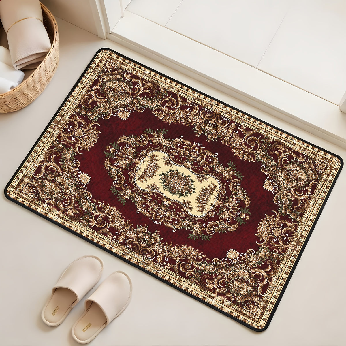 Luxury Holiday Floor Mat Non-Slip Machine Washable - Elegant Burgundy Gold Green Heavy-Duty Area Rug for Living Room Bedroom Hallway, Christmas Thanksgiving Festive Home Decor