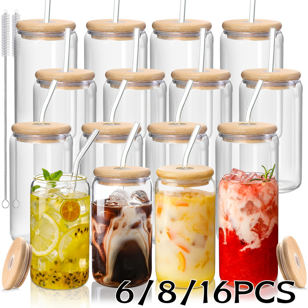 Insulated Drinking Glasses with Lids and Straws 16oz | Reusable Glass Cups Set for Iced Coffee Tea Smoothies Parties