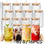 Insulated Drinking Glasses with Lids and Straws 16oz | Reusable Glass Cups Set for Iced Coffee Tea Smoothies Parties