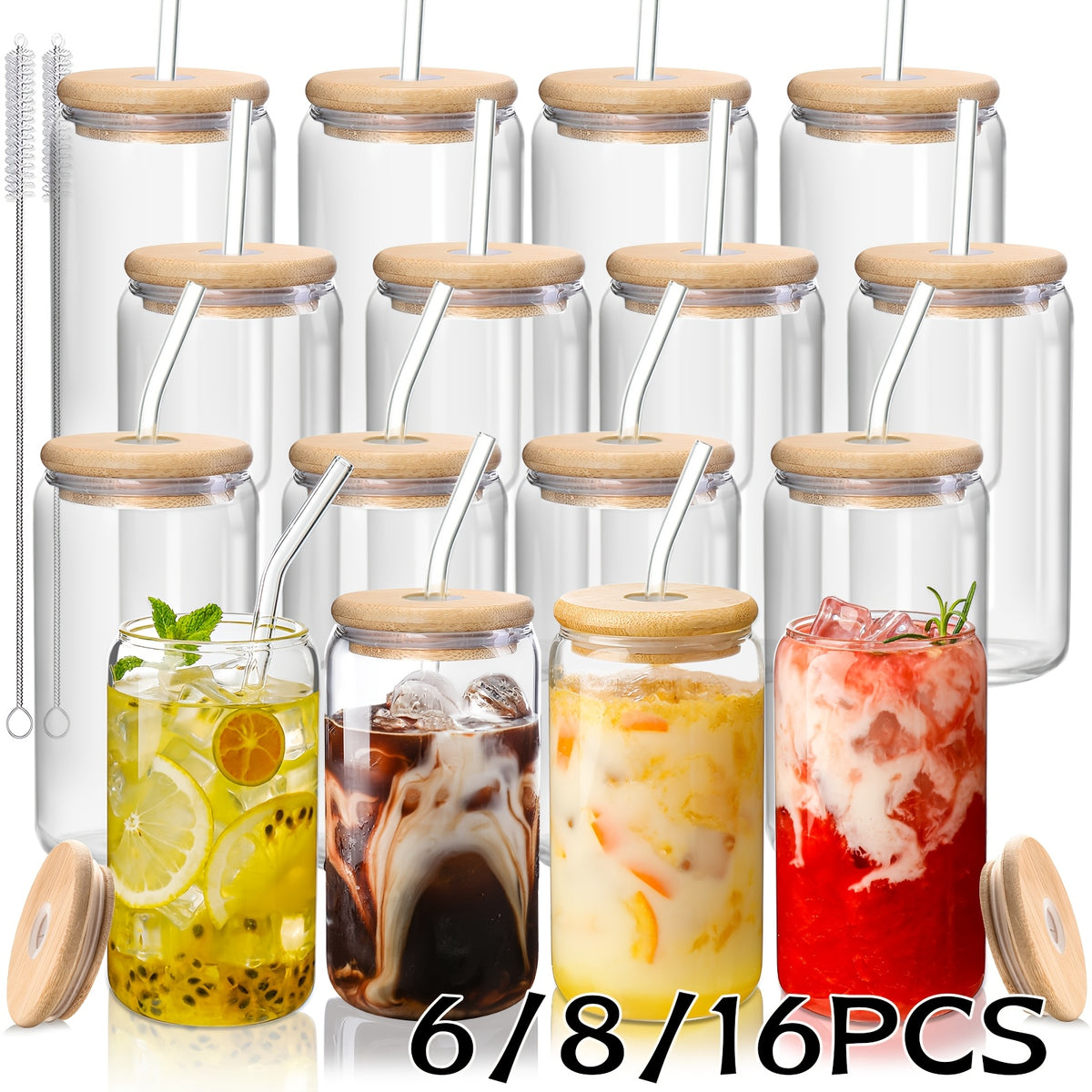 Insulated Drinking Glasses with Lids and Straws 16oz | Reusable Glass Cups Set for Iced Coffee Tea Smoothies Parties