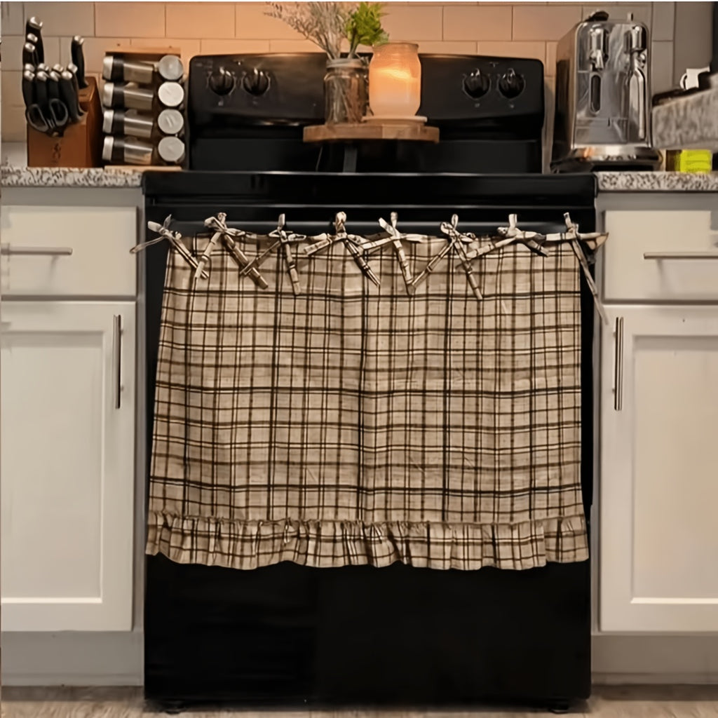 Farmhouse Oven Skirt Curtain – Handmade Checkered Ruffled Drawstring Decorative Panels for Oven, Stove & Cabinet Covers | Rustic Kitchen Appliance Decor | Nuvia Haven