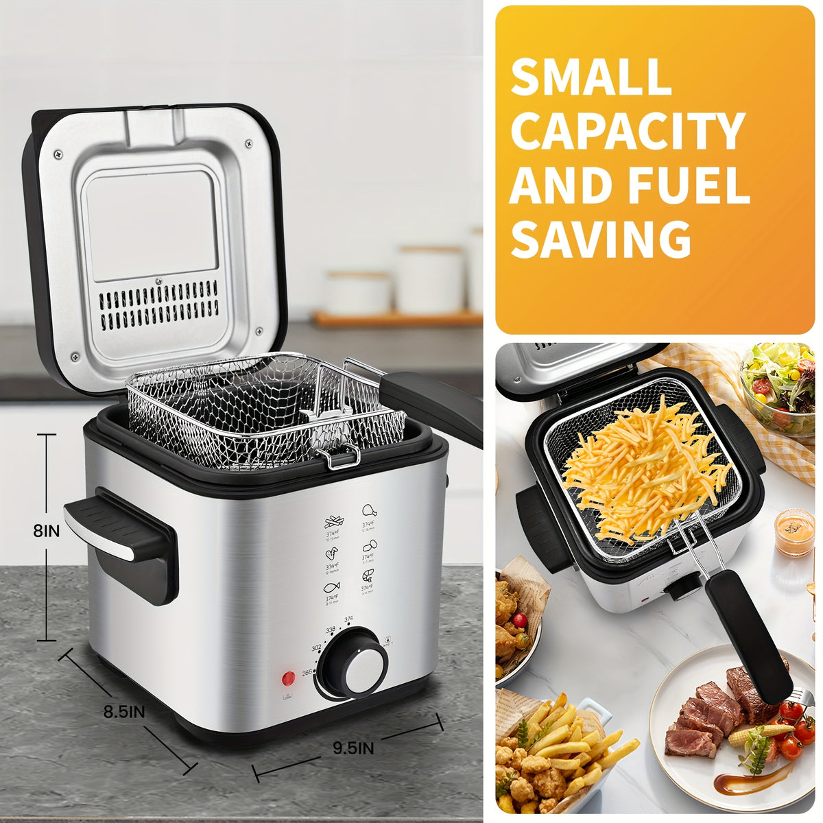 Electric Deep Fryer with Stainless Steel Basket 1.5L-6L Adjustable Temperature Foldable Handle Easy-Clean Dishwasher Safe