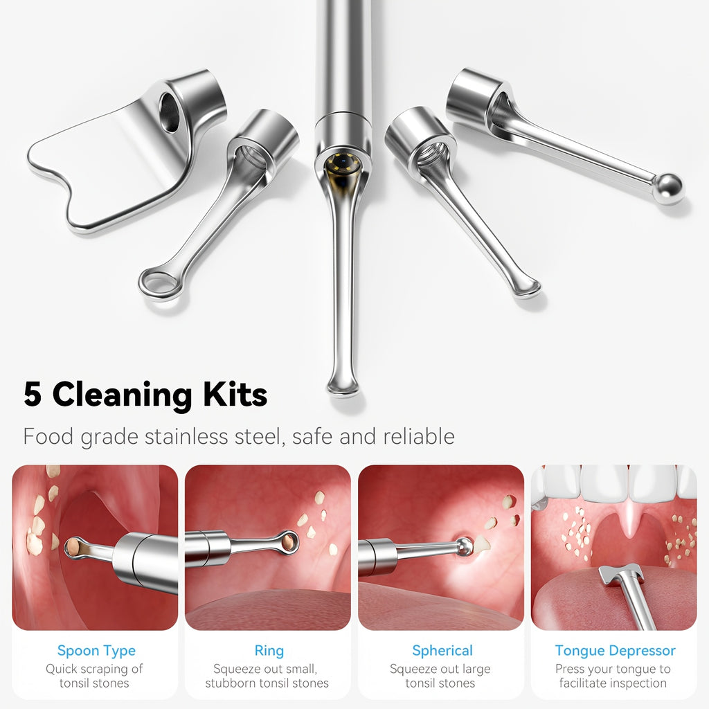 Tonsil Stone Remover with 1080P HD Camera - Visual Removal Kit 6 LED Lights 5 Stainless Tips USB Rechargeable iOS Android App Oral Care Tool