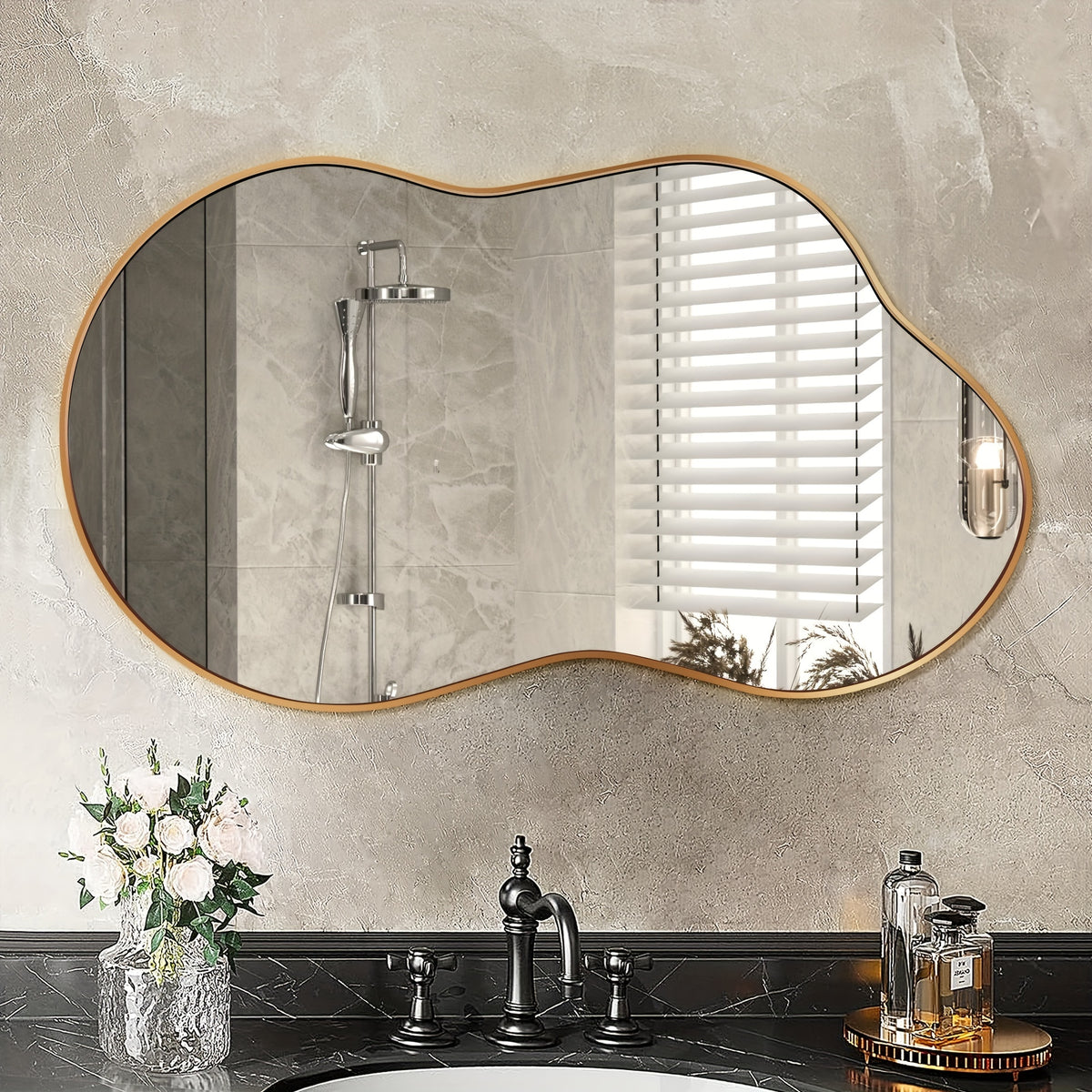 Irregular Wall Mirror Golden Asymmetrical Decorative Mirror Aviation Aluminum Alloy Frame for Bathroom Bedroom Living Room Entryway Cloakroom Modern Home Decor