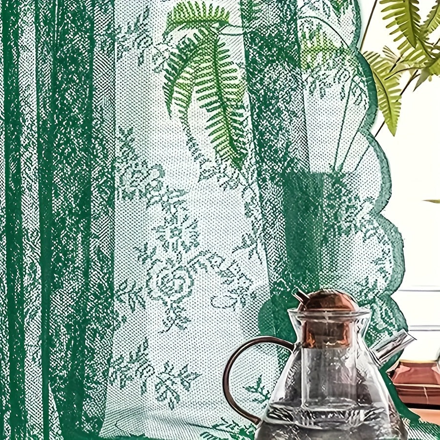 Vintage Lace Door Curtain with Wave Edge – Semi-Sheer Floral Embroidered Rod Pocket Panel for Home, Hallway & Outdoor | White, Black & Green
