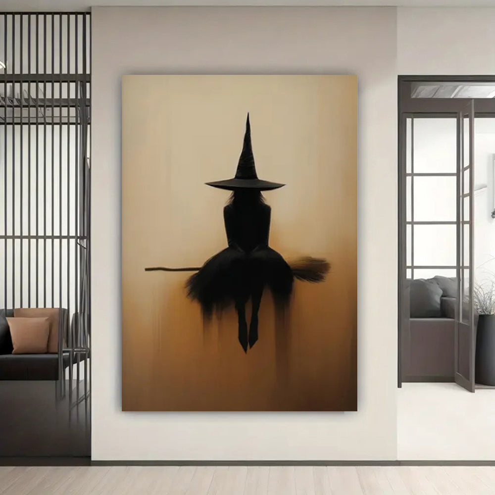 Witch Silhouette Framed Canvas Wall Art – Minimalist Gothic Beige & Black Broomstick Print, Spooky Halloween Decor for Living Room & Bedroom, Multiple Sizes Available