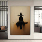 Witch Silhouette Framed Canvas Wall Art – Minimalist Gothic Beige & Black Broomstick Print, Spooky Halloween Decor for Living Room & Bedroom, Multiple Sizes Available