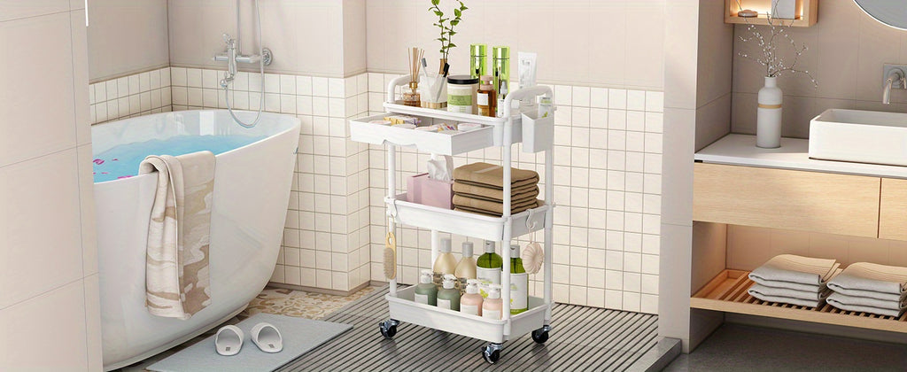 3/4-Tier Rolling Storage Cart with Drawers – Plastic Organizer with Lockable Wheels, Cup Holder & Hooks | Kitchen, Bathroom, Bedroom & Laundry Room