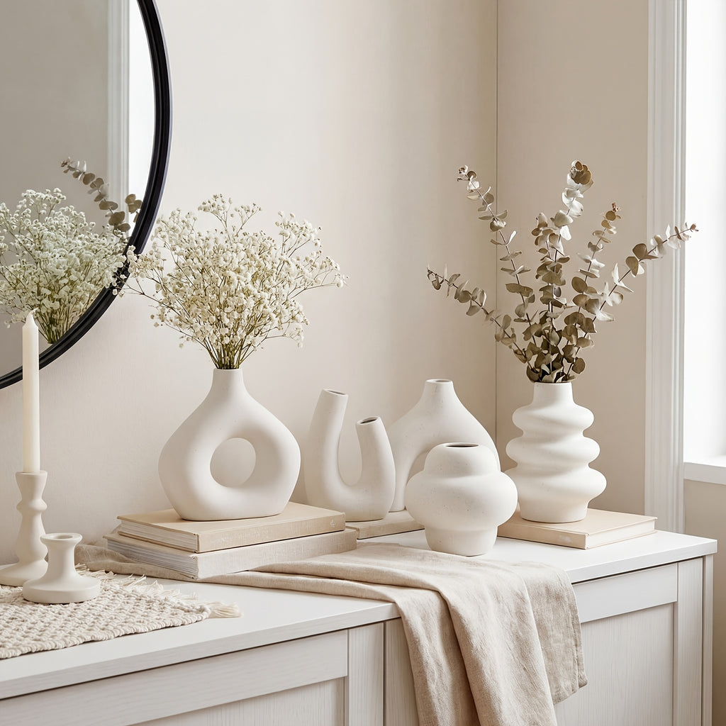 Ceramic Vase Set 5 Pieces Matte – Nordic Boho Minimalist Flower Holders for Shelf, Mantle & Entryway Table Decor | Home Decorations