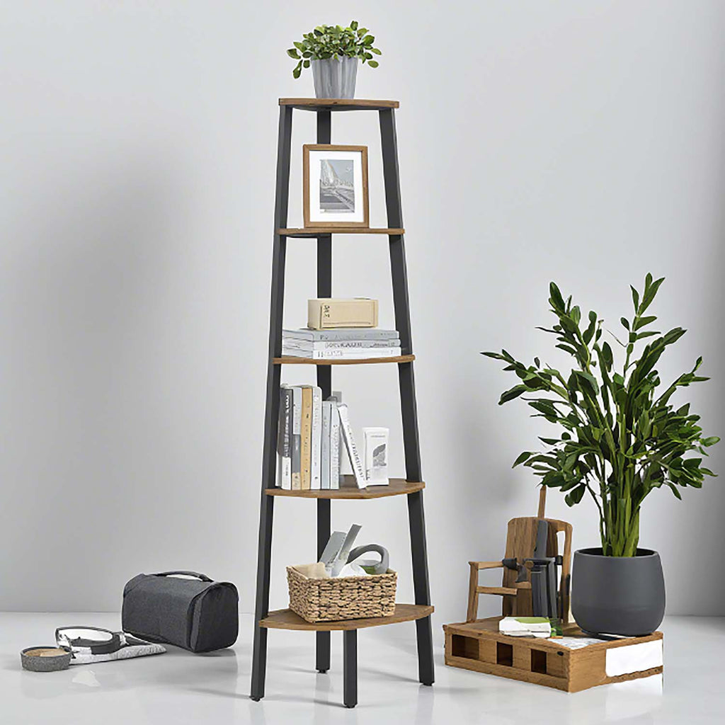 Corner Shelf 4-Tier Ladder Bookshelf & Plant Stand – Industrial Style Space-Saving Corner Shelving Unit for Living Room, Bedroom, Study & Entryway