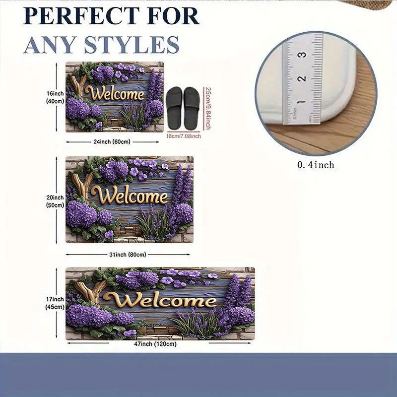 Floral Doormat Indoor Non-Slip Hydrangea Lavender Print Flannel Welcome Mat Easy Clean for Entrance Bedroom Living Room Holiday Decor 3 Sizes