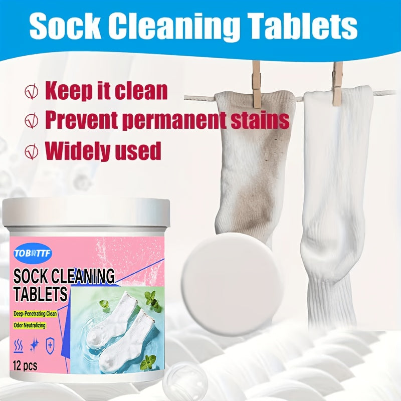 Sock Cleaning Tablets 12-Pack Deep Penetrating Clean Odor Neutralizing Sweat and Stain Remover Laundry Soak Tablets for Socks No Scrubbing Needed