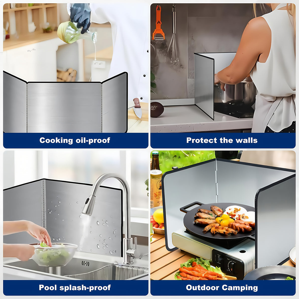 Stainless Steel Splatter Guard 4-Panel Foldable 31.5" - Extra-Wide Grease Splash Shield, Heat Resistant Nonstick Coating, Kitchen Backsplash Protector for Gas Range & Frying Pan | Nuvia Haven