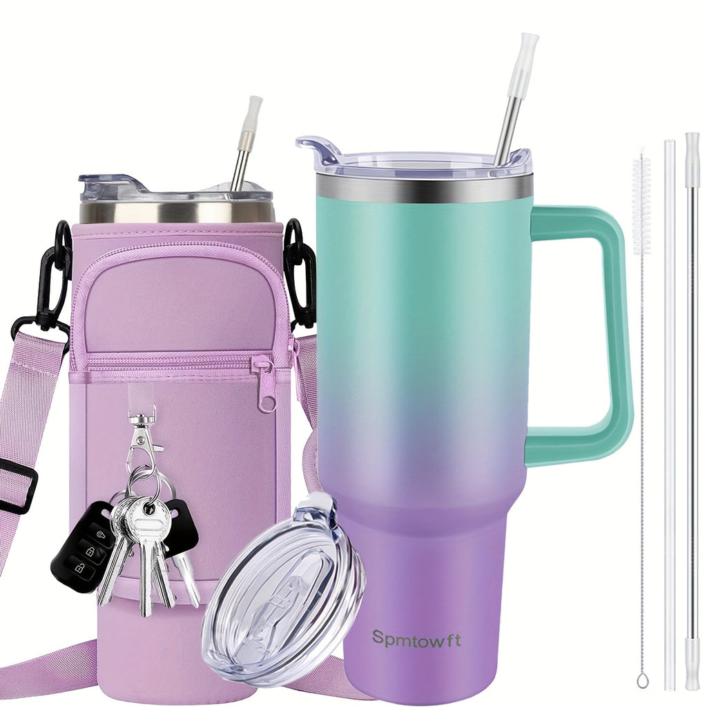 40oz Insulated Tumbler with Handle, Straw & Carrier Bag – Stainless Steel Double Wall, Cold 34 Hours, Travel Mug for Gym, Hiking, Office & Outdoor