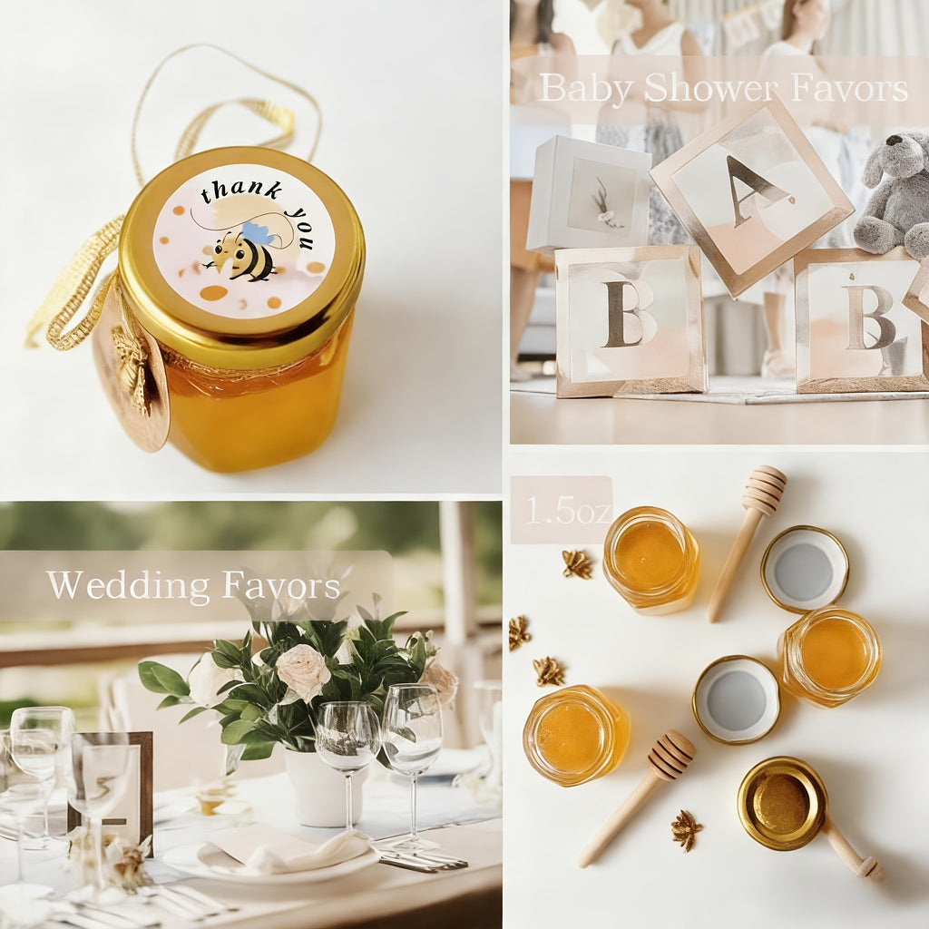 Mini Hexagon Honey Jar Favor Set – 1.5oz Glass Jars with Golden Lid, Bee Charm, Honey Dipper & Gift Tags | 20-60 Pcs | Wedding, Baby Shower & Party Favors