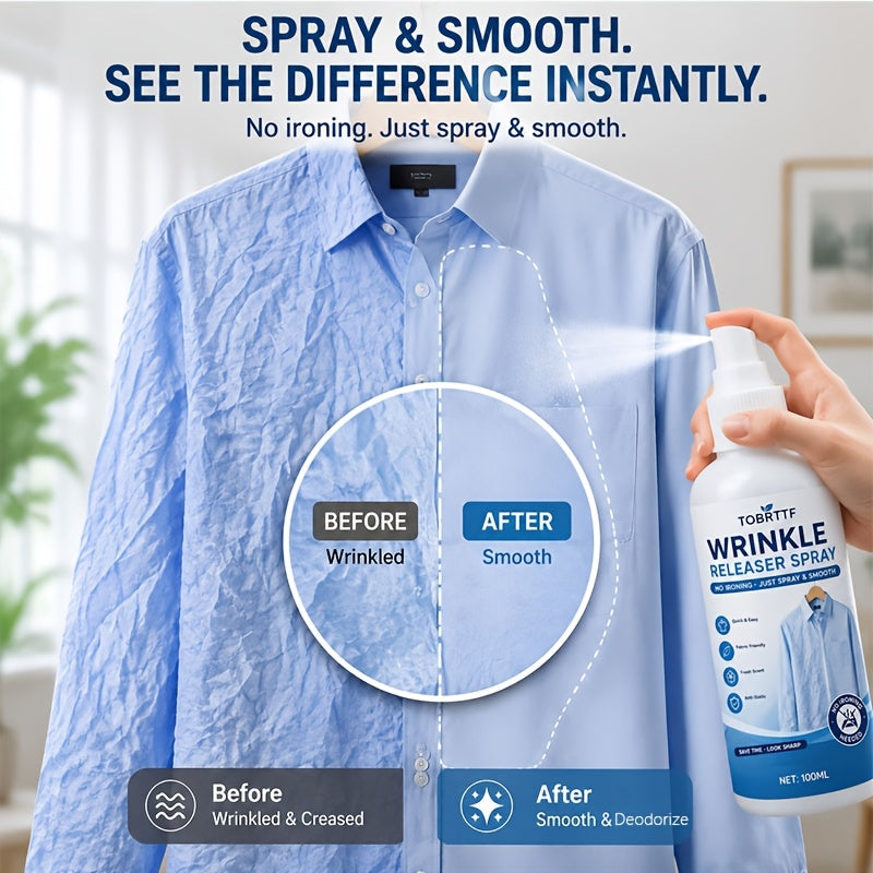 Wrinkle Remover Spray for Clothes 3.38oz, No-Iron Fabric Refresher & Wrinkle Release Spray, Quick Smoothing Clothing Care for Travel, Business, Dress Shirts, Suits & Everyday Fabrics