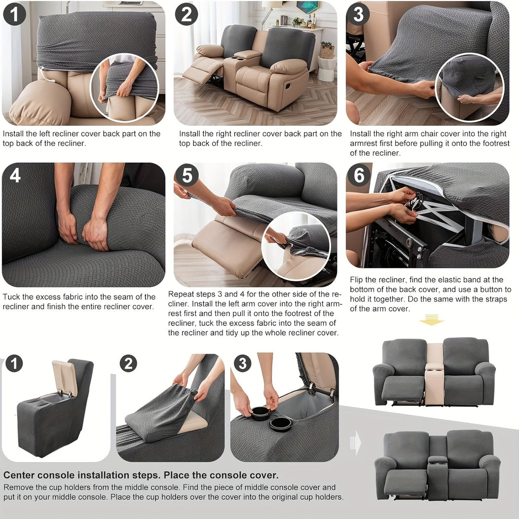 Jacquard Recliner Sofa Cover Set 6 Piece with Center Console Cover & Pocket, Leaf Texture Stretch Slipcover Removable Washable Recliner Protector for Living Room