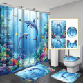 4pcs Sea Dolphin Coral Shower Curtain Set Blue Ocean Undersea World Fish Seaweed - 12 Hooks Toilet Lid Cover Non-Slip U-Shape Bath Mat Machine Washable | Nuvia Haven