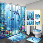 4pcs Sea Dolphin Coral Shower Curtain Set Blue Ocean Undersea World Fish Seaweed - 12 Hooks Toilet Lid Cover Non-Slip U-Shape Bath Mat Machine Washable | Nuvia Haven