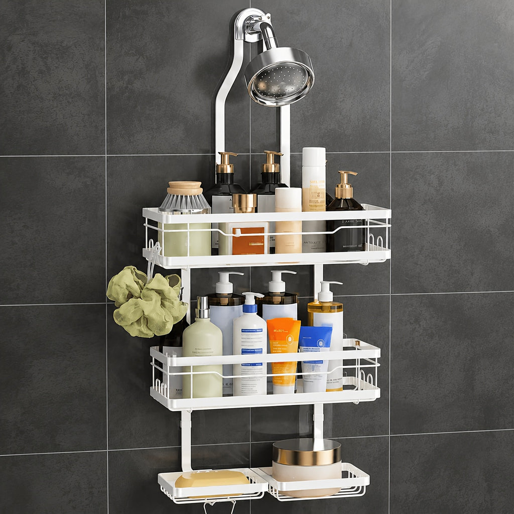 Hanging Shower Rack 5-Piece Set with Soap Holder, Towel & Bathrobe Hook | No-Drill Rust-Proof Adjustable Shower Caddy for Bathroom Storage