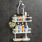 Hanging Shower Rack 5-Piece Set with Soap Holder, Towel & Bathrobe Hook | No-Drill Rust-Proof Adjustable Shower Caddy for Bathroom Storage