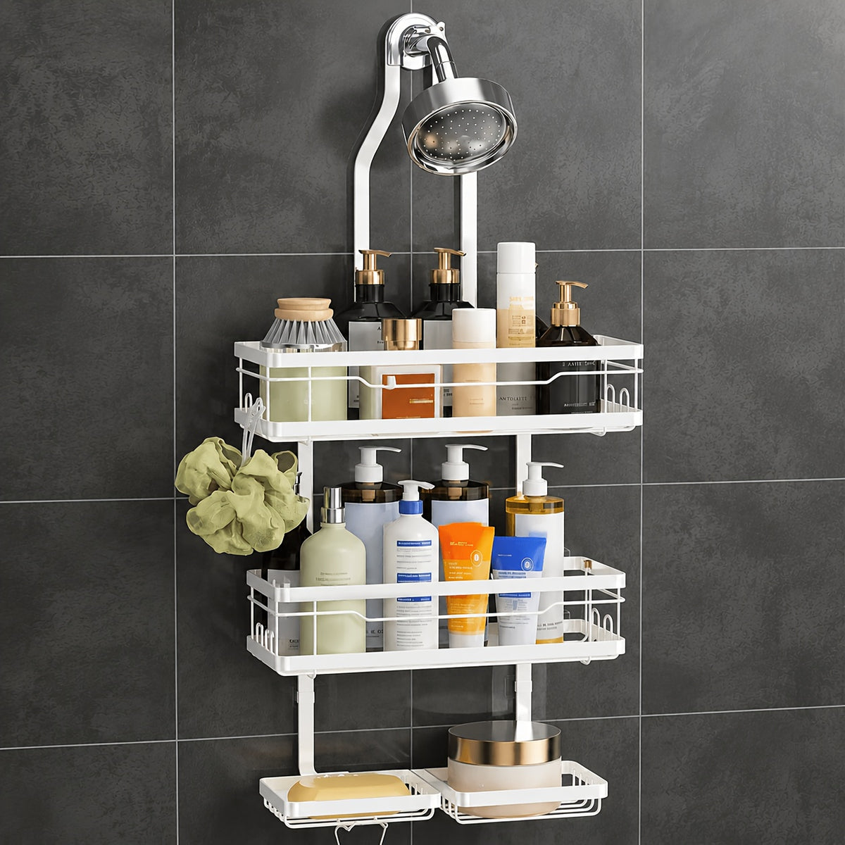 Hanging Shower Rack 5-Piece Set with Soap Holder, Towel & Bathrobe Hook | No-Drill Rust-Proof Adjustable Shower Caddy for Bathroom Storage