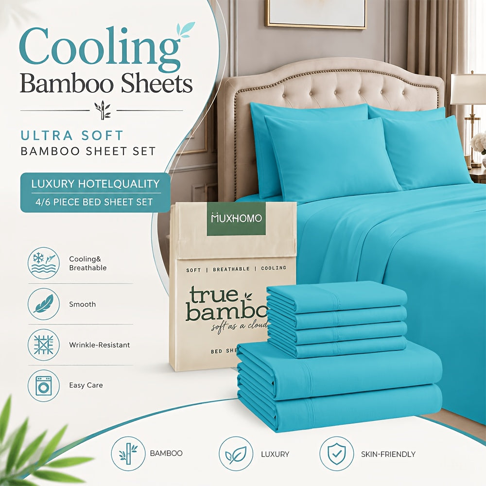 Cooling Bamboo Sheet Sets Deep Pocket 16 Inch Moisture-Wicking Breathable Soft 1800 Thread Count Fitted Sheet Twin Full Queen King All Season